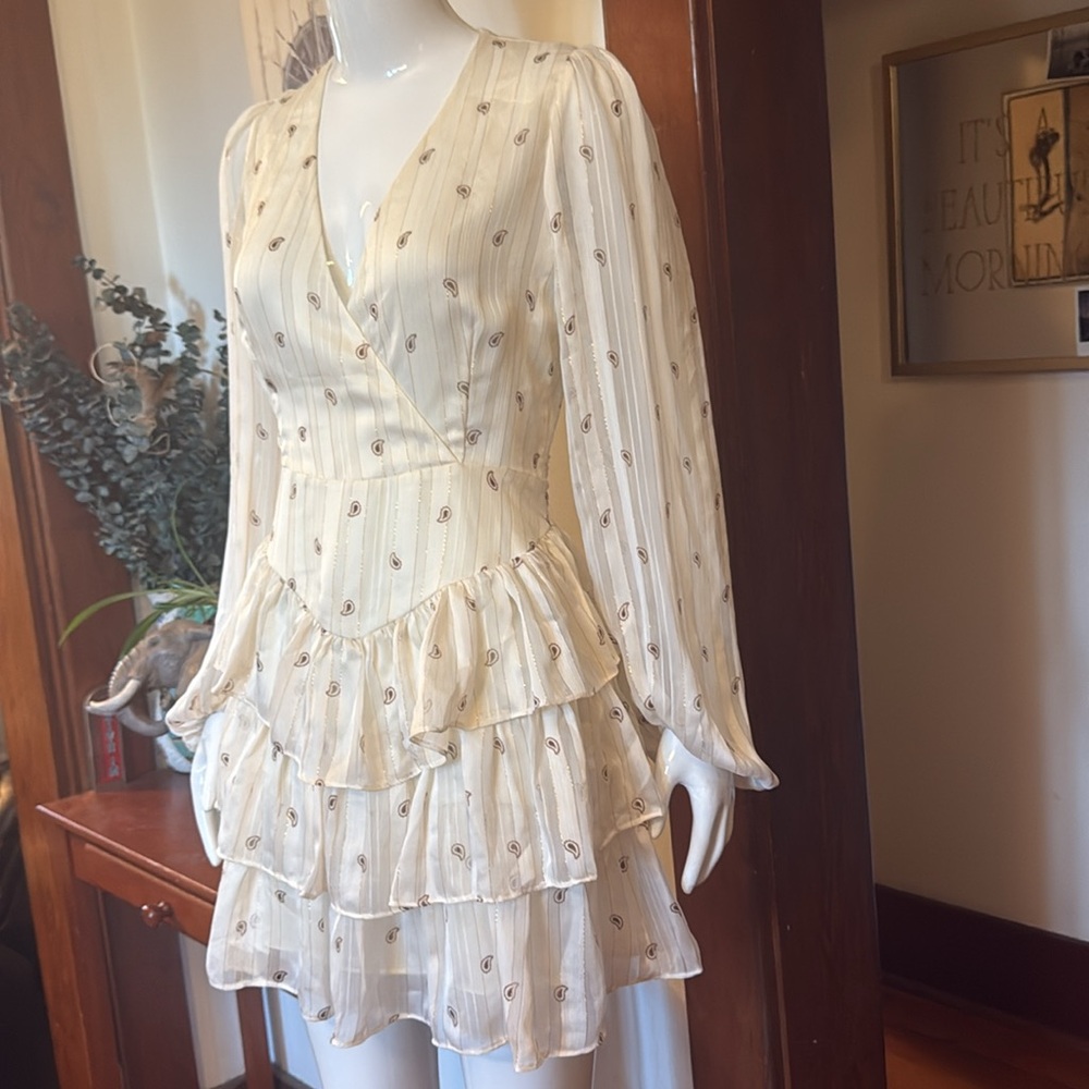 Shona joy size 6 cream dress shimmer gold striped with paisley.